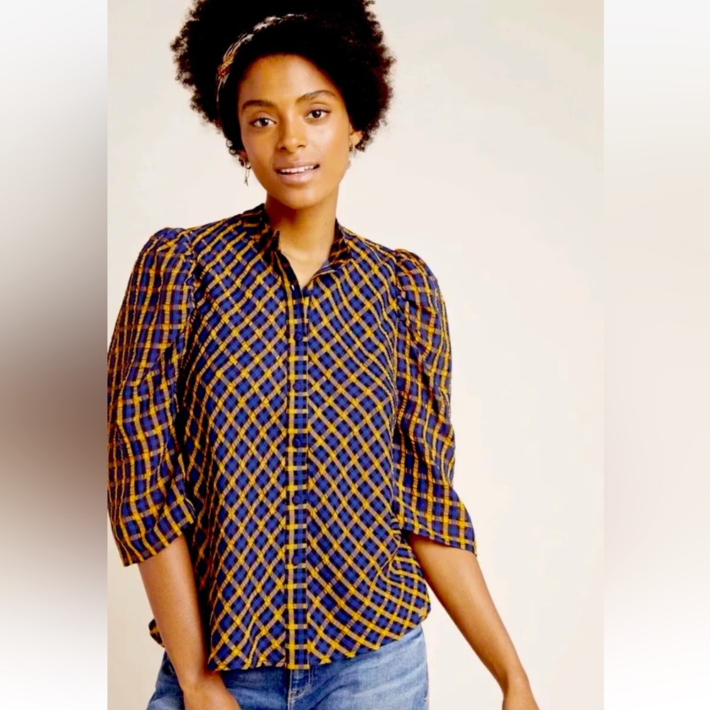 EVA FRANCO Anthropologie Blue Yellow Textured Puffy Sleeve Boho Plaid Top Size 4